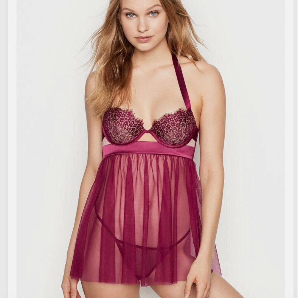 Victoria's Secret 32B Wine‎ Satin Tulle Mesh Lace Babydoll Slip Lingerie Push Up